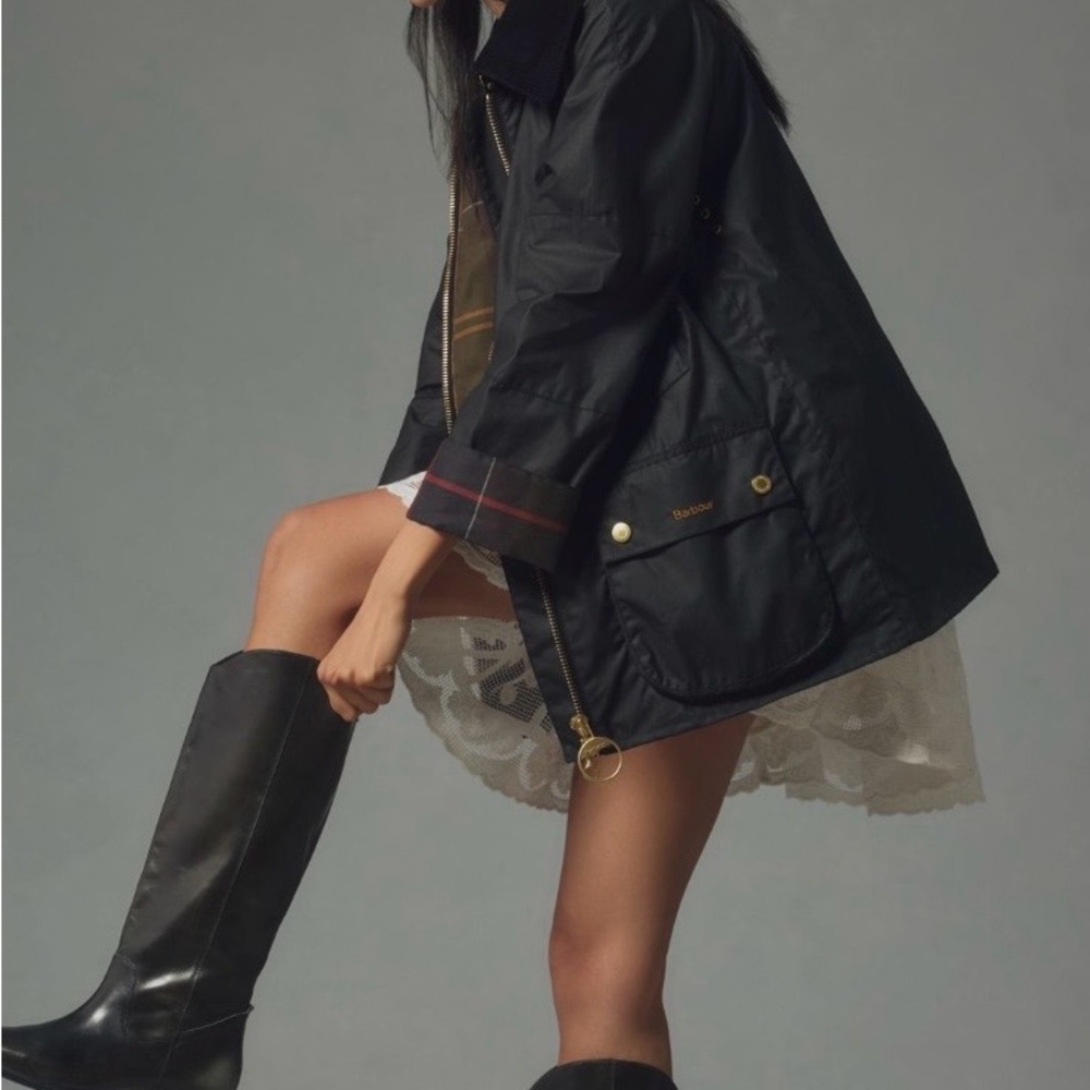 Barbour Black Short Waxed Utility Jacket with Gold Buttons